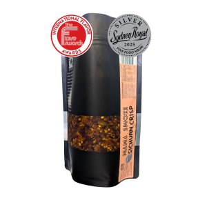 A 810g pouch of MAMA SMOKE Sichuan Crisp, with two award medallions - WINNER Best Chilli Crisp International Flavor Awards 2026 and Silver Sydney Royal Fine Food Show 2025