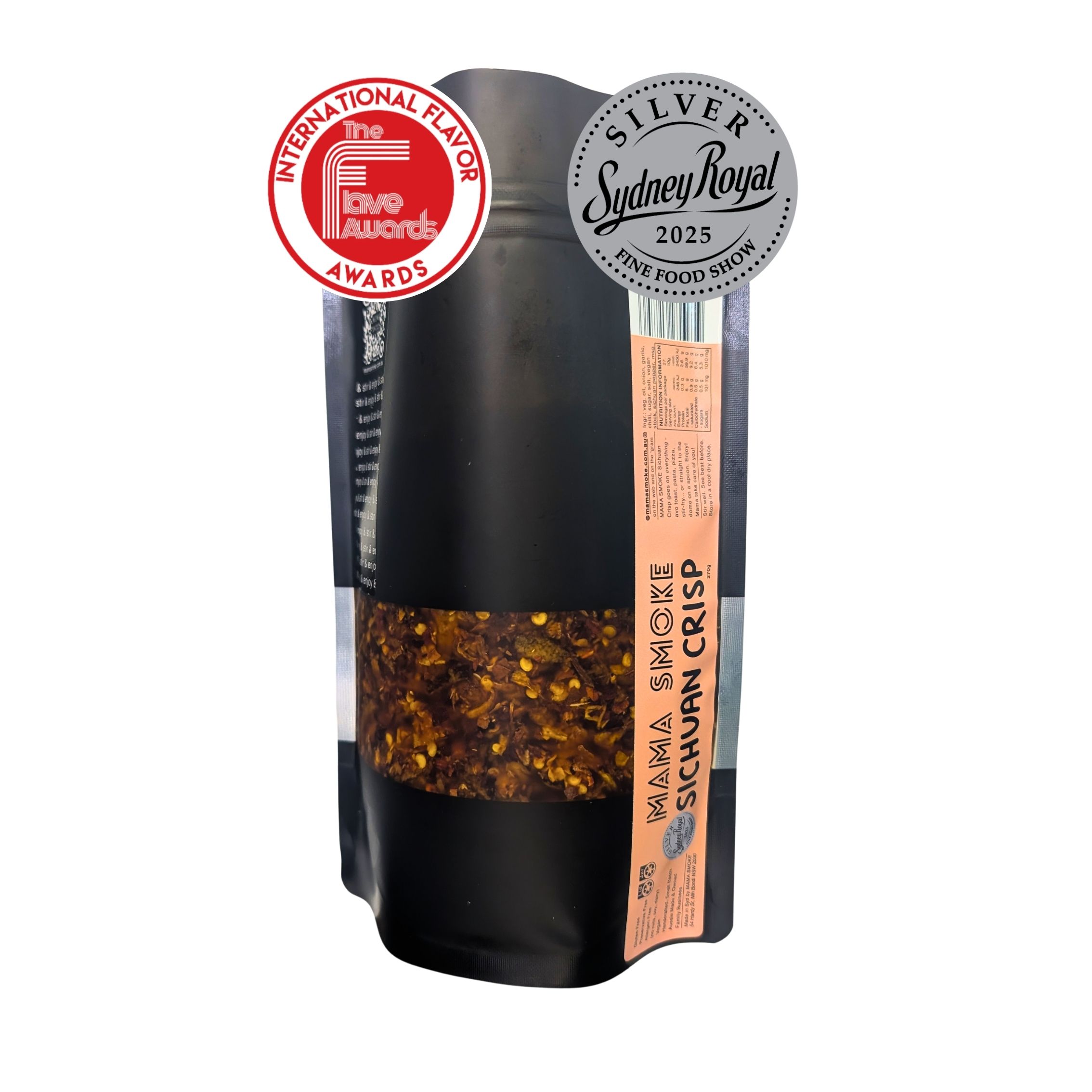 A 810g pouch of MAMA SMOKE Sichuan Crisp, with two award medallions - WINNER Best Chilli Crisp International Flavor Awards 2026 and Silver Sydney Royal Fine Food Show 2025