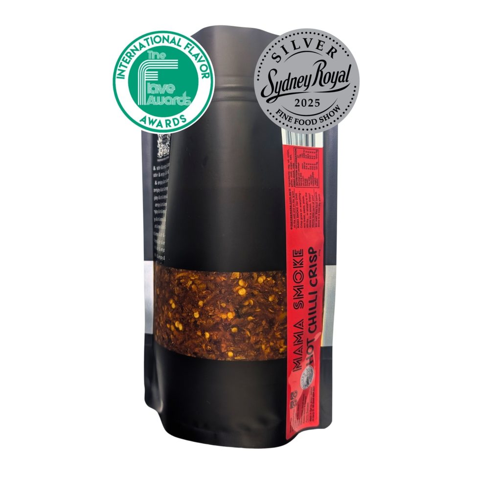 An 810g pouch of MAMA SMOKE Hot Chilli Crisp, with two medallions - Runner-up Hot Chilli Crisp International Flavor Awards 2026 and Silver Sydney Royal Fine Food show 2025.